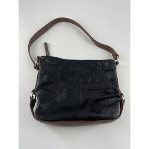 Stone Mountain Black Leather Brown Trim Tote Shoulder Bag Zipper Pocket Plain